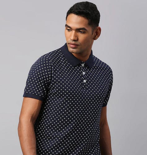 Men Navy Blue Printed Polo Collar Cotton T-shirt